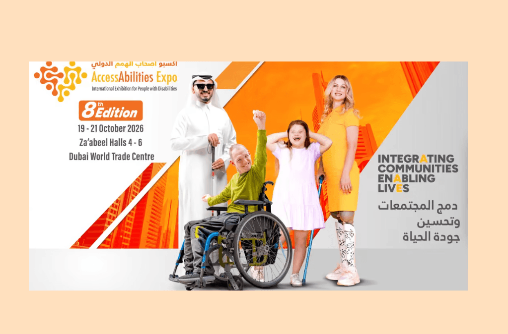 AccessAbilities Expo 2026 promotional banner featuring people with disabilities, promoting inclusion and community empowerment in Dubai. - Image 1 of 1